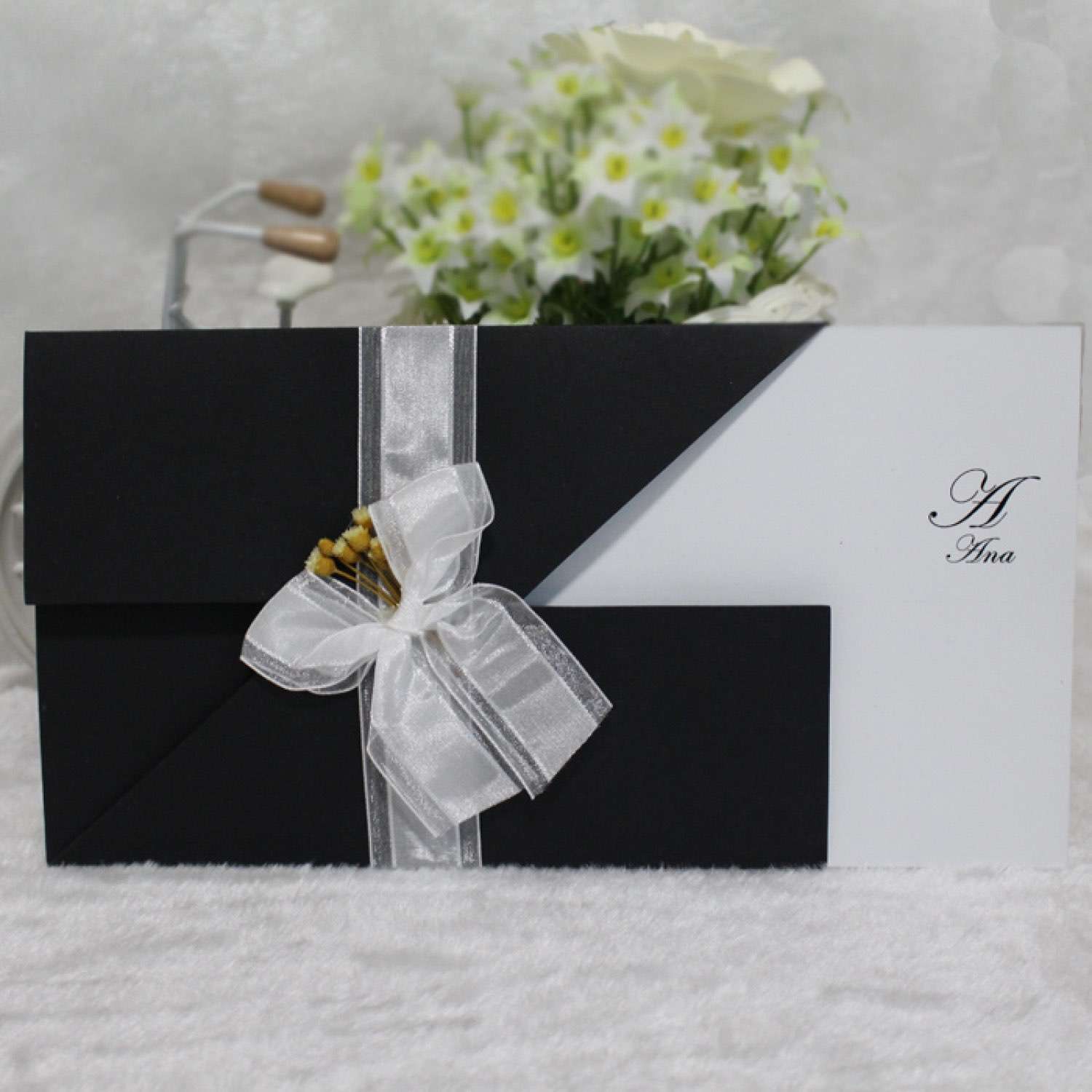 Black Invitation Card with Silk Bow Wedding Invitation Card Customized 